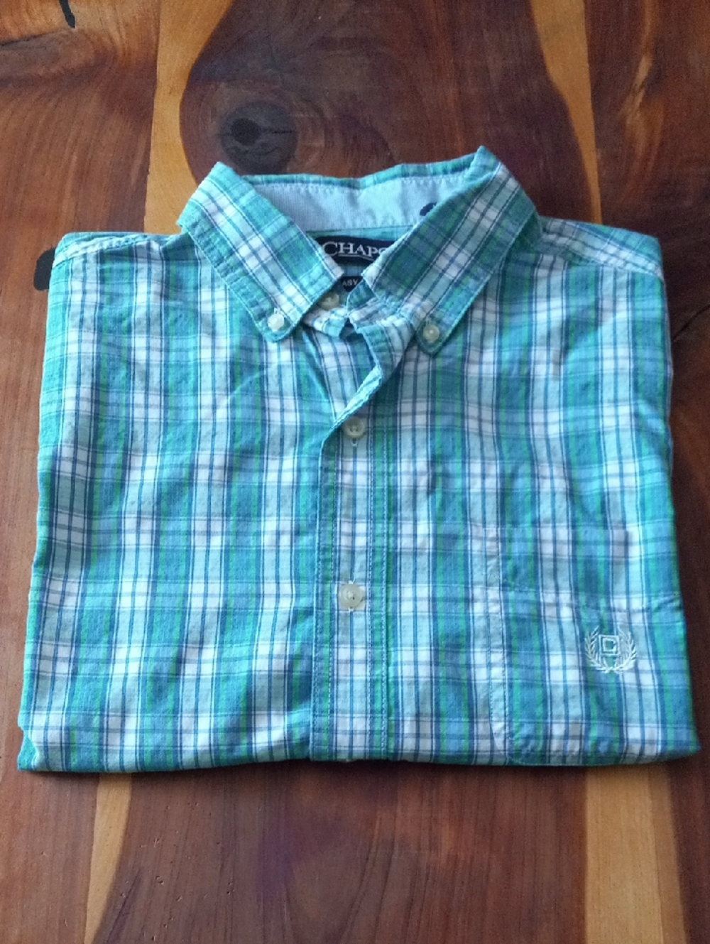 Chaps Blue Green Plaid Short Sleeve Button Up Shirt Mens M